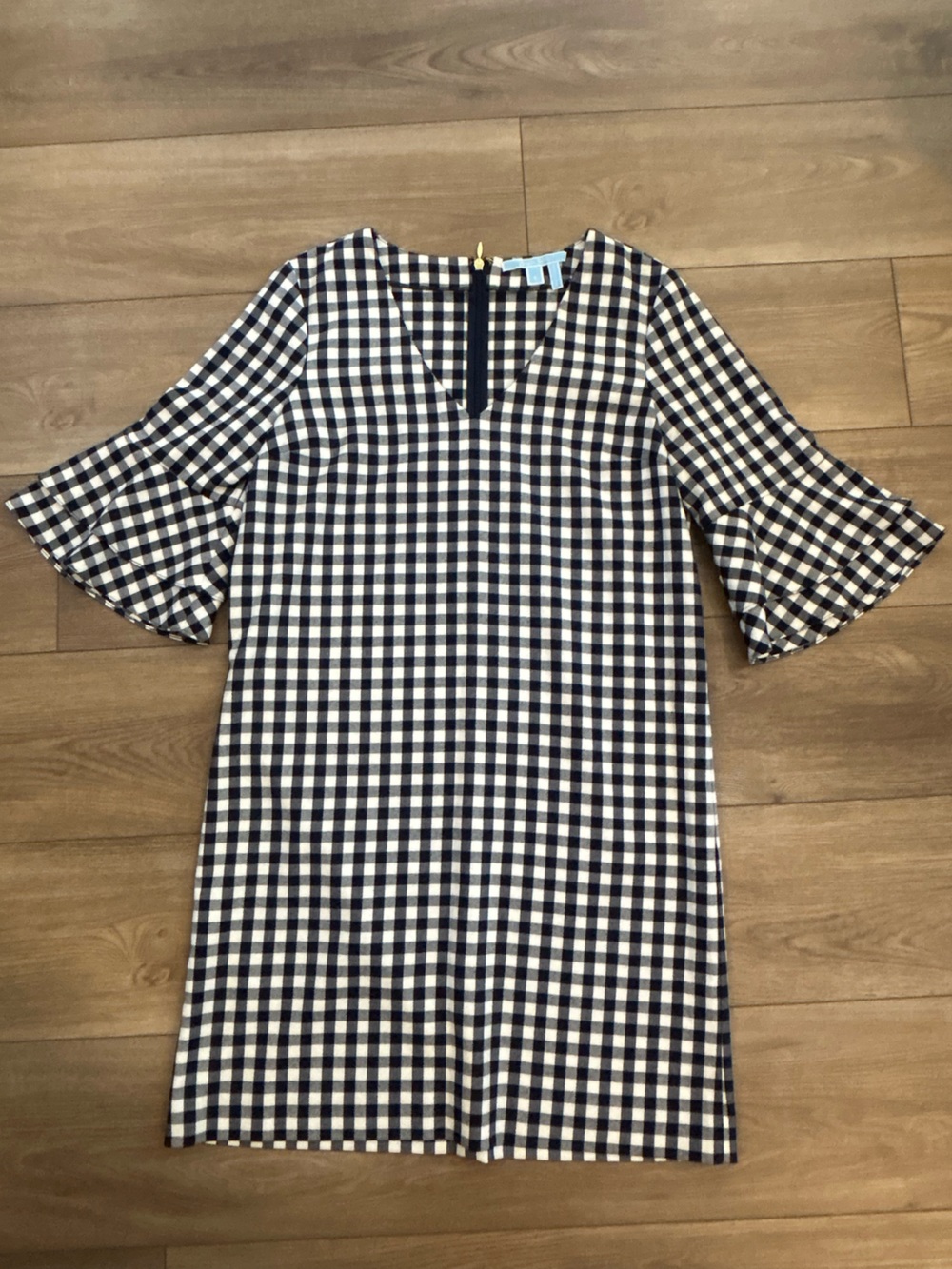 Draper James Grace & Charm Navy Gingham Bell Sleeve Shift Dress Size 6